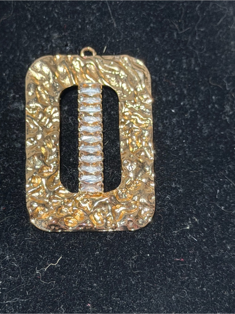 Textured Hammered Gold Tone Open Rectangle Pendant with Clear Glass Stone Column